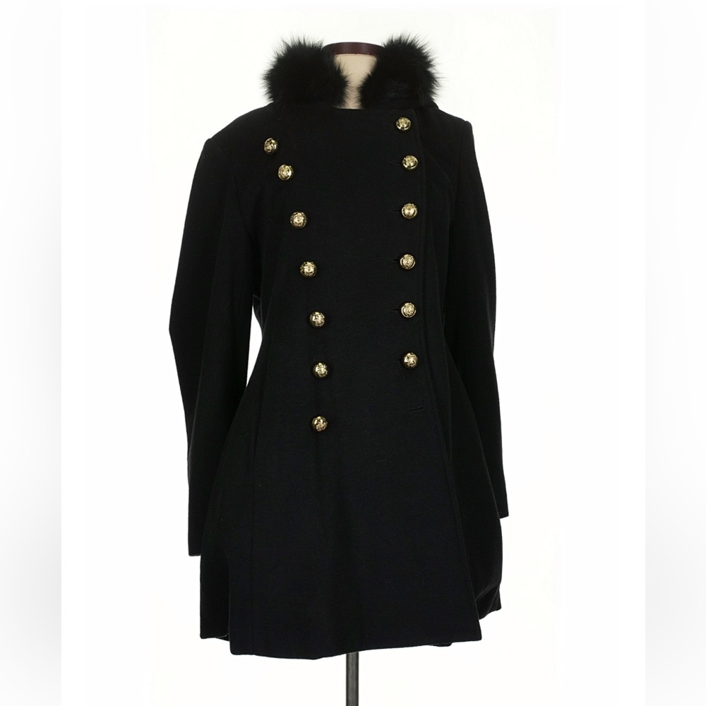 Hilary Radley Black Double-Breasted Wool Coat with Fur Collar and Gold Buttons